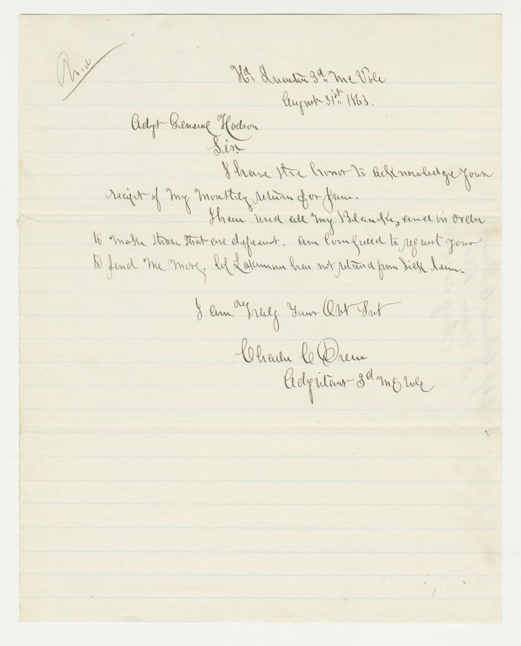 Miniature of Adjutant Charles Drew requests more blank forms for monthly returns