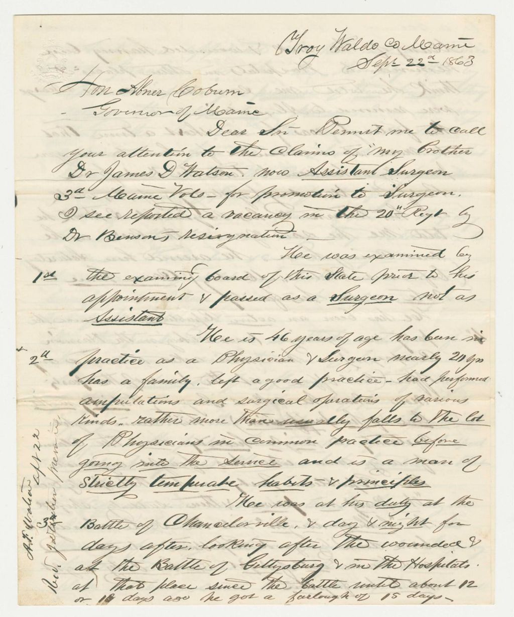 Miniature of Albert Watson requests the promotion of his brother James to surgeon