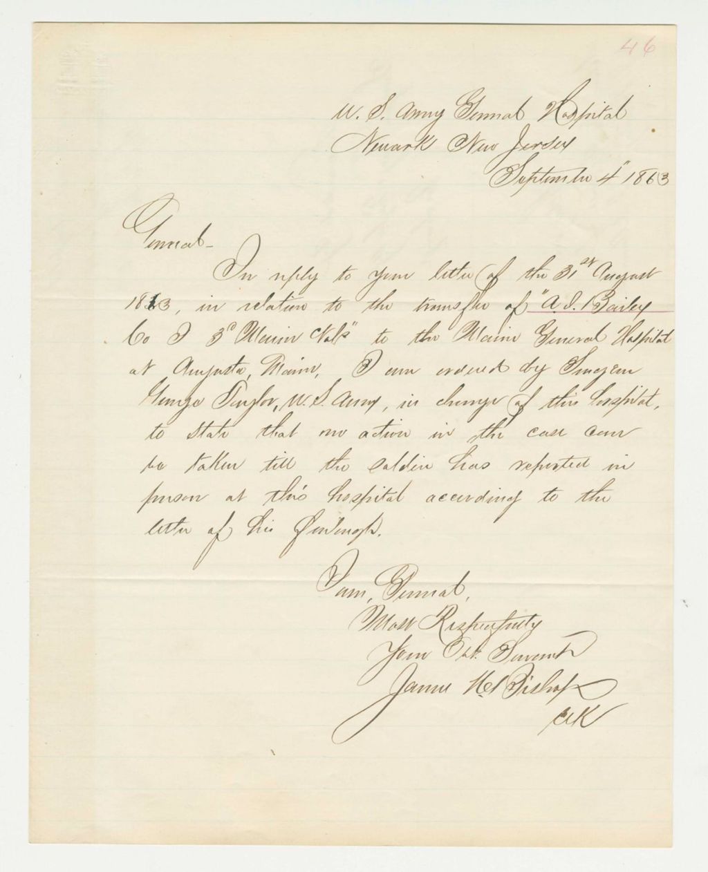 Miniature of James Bishop writes in reference to transfer of A. Bailey to the Maine General Hospital