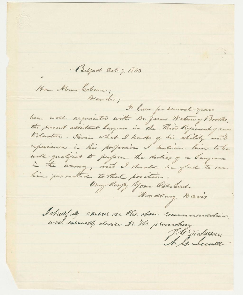 Miniature of Woodbury Davis, A.G. Jewett, and G. Dickerson recommend Dr. James Watson for promotion