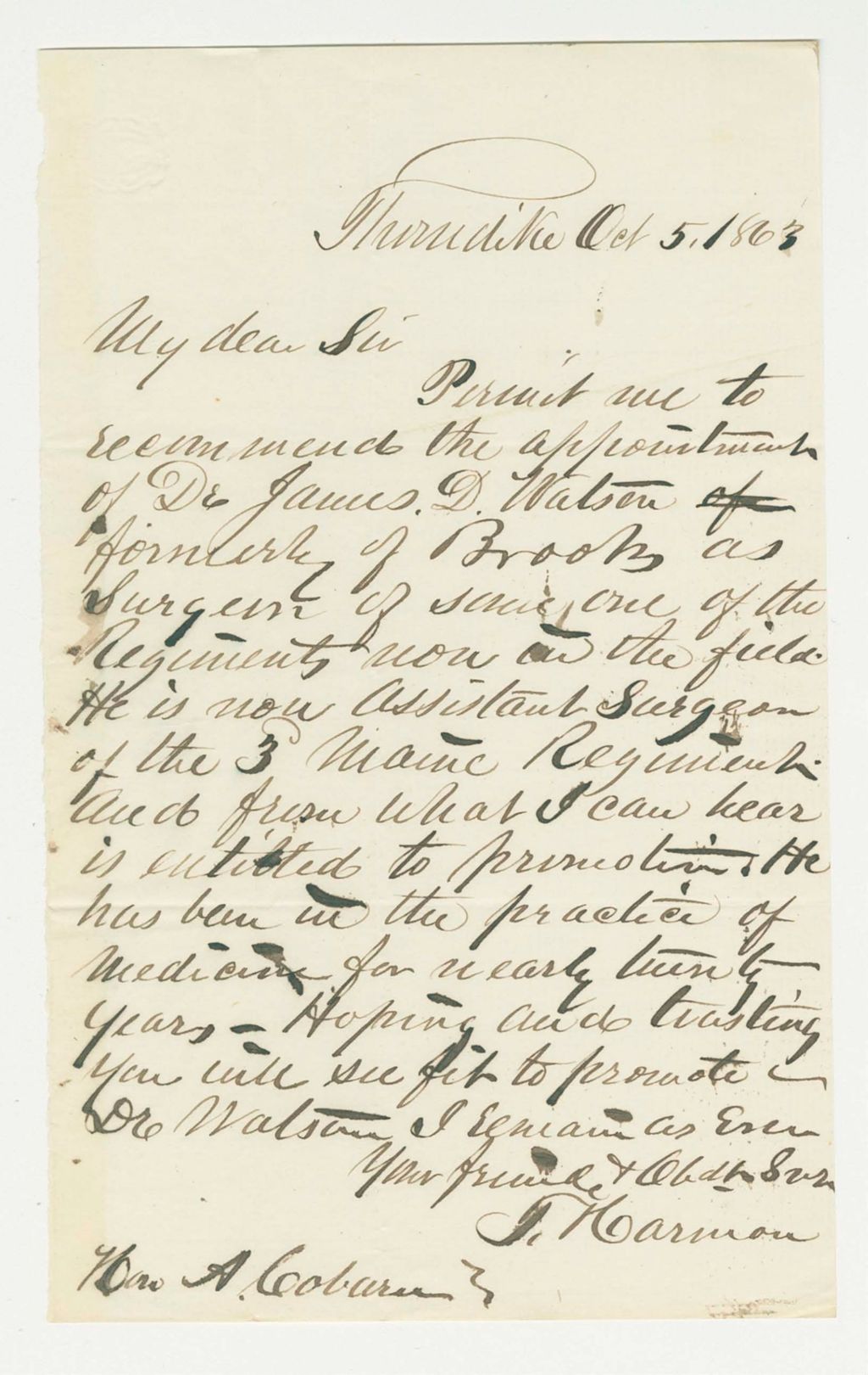 Miniature of Mr. Harmon recommends Dr. James Watson for surgeon