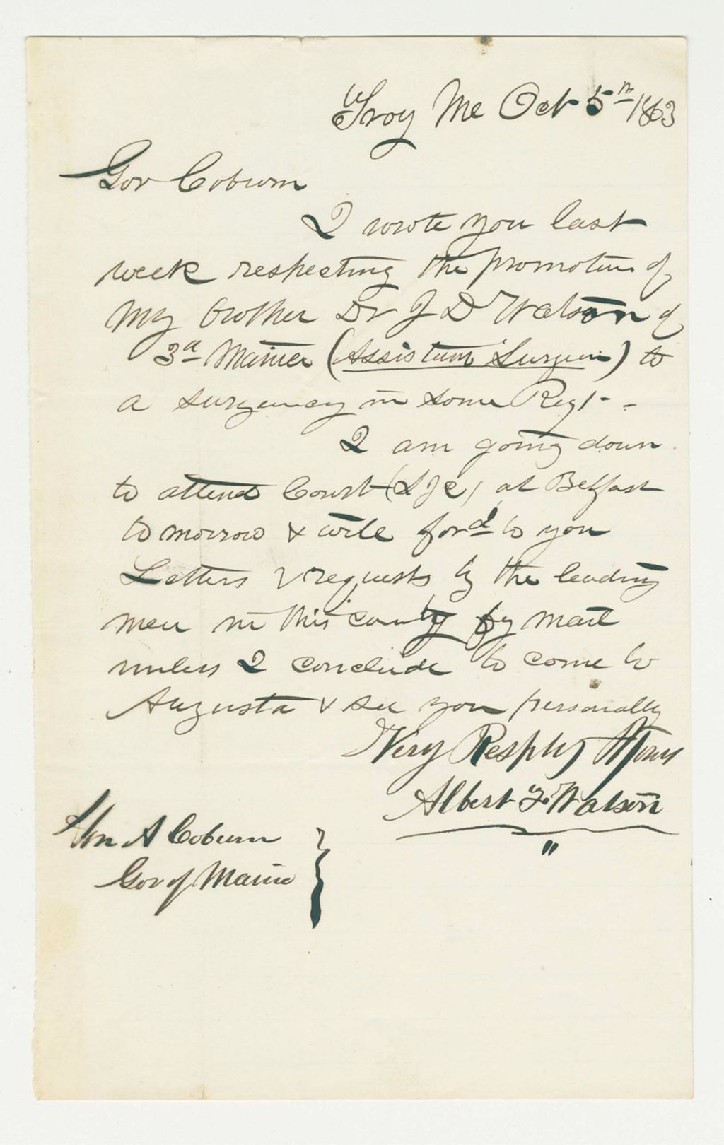 Miniature of Albert Watson writes Governor Coburn regarding a promotion for his brother Dr. James Watson