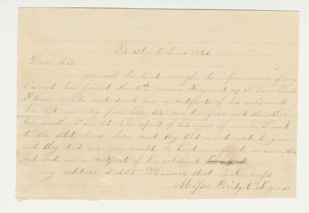 Miniature of Bridget Lyons inquires about her husband and requests his wages