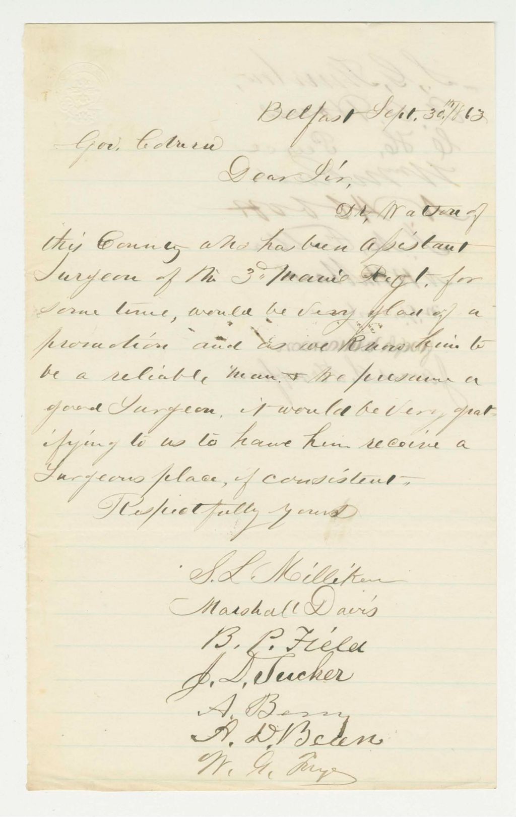Miniature of Marshall Davis and others recommend Dr. Watson for promotion to surgeon