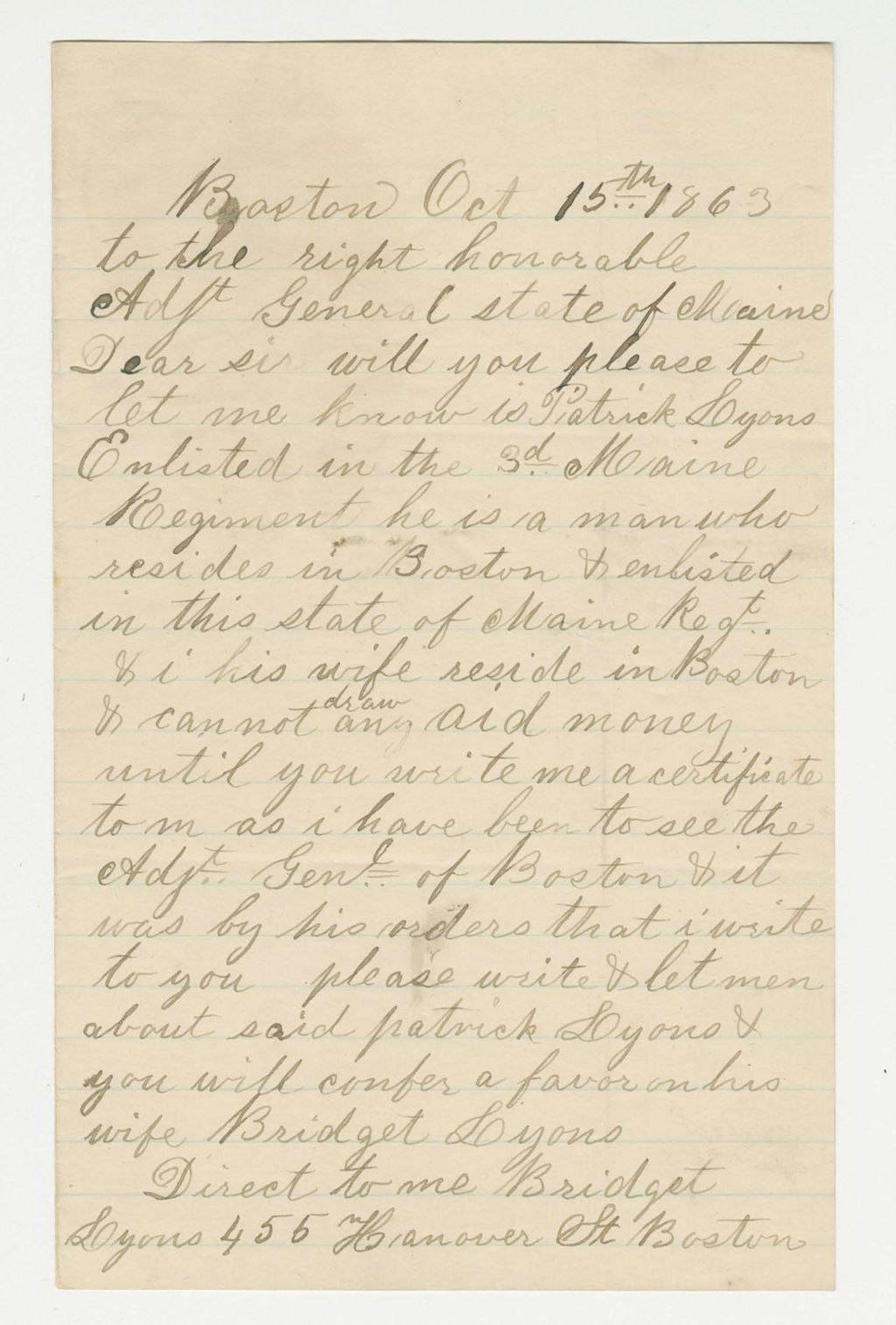 Miniature of Bridget Lyons writes Adjutant General Hodsdon about her husband Patrick
