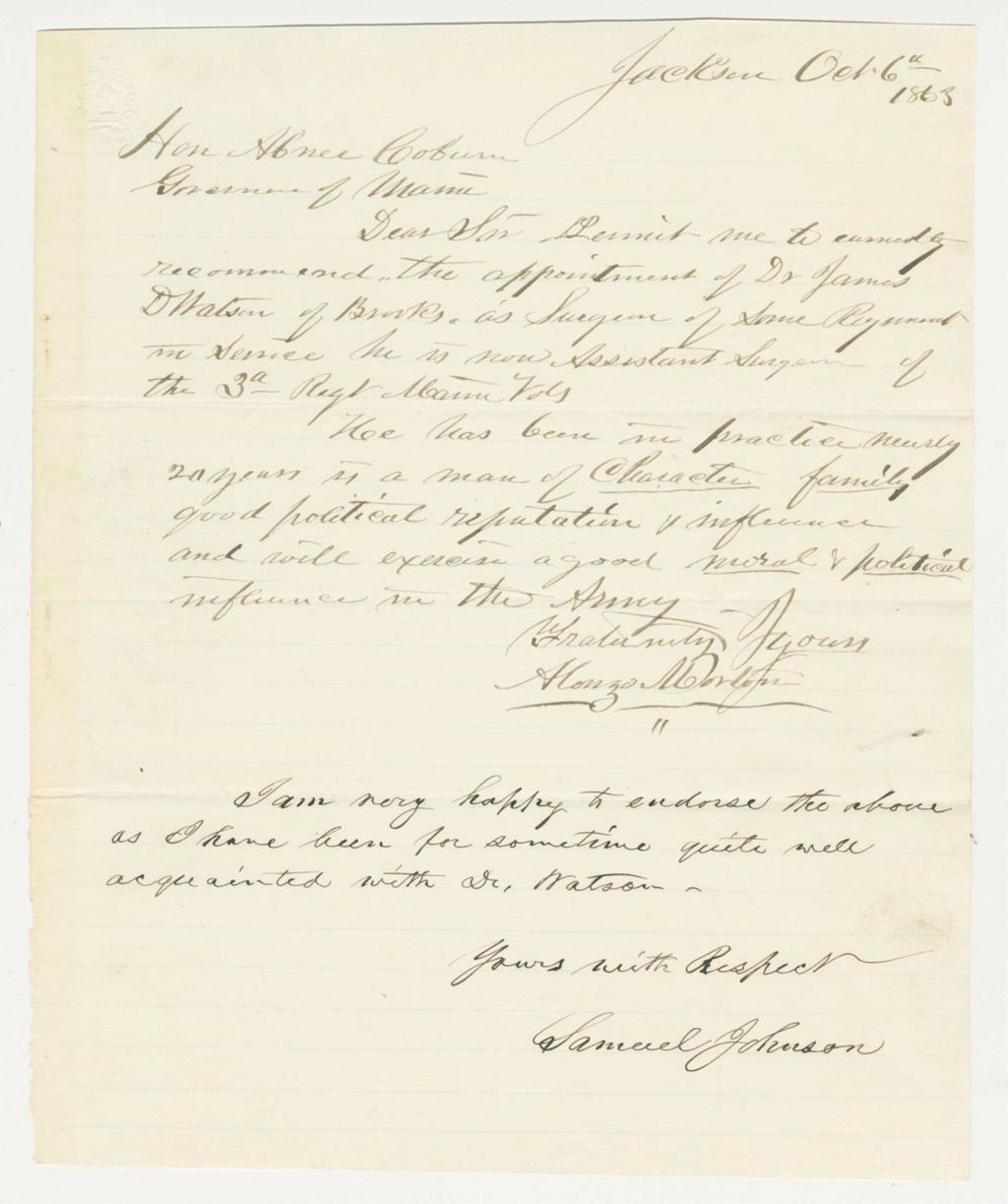 Miniature of Alonzo Morton and Samuel Johnson recommend Dr. James Watson for surgeon