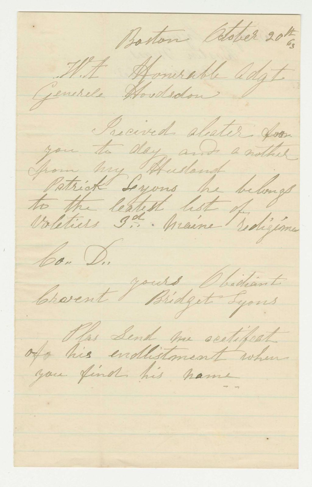 Miniature of Bridget Lyons requests a certificate of enlistment for Patrick Lyons in Company D