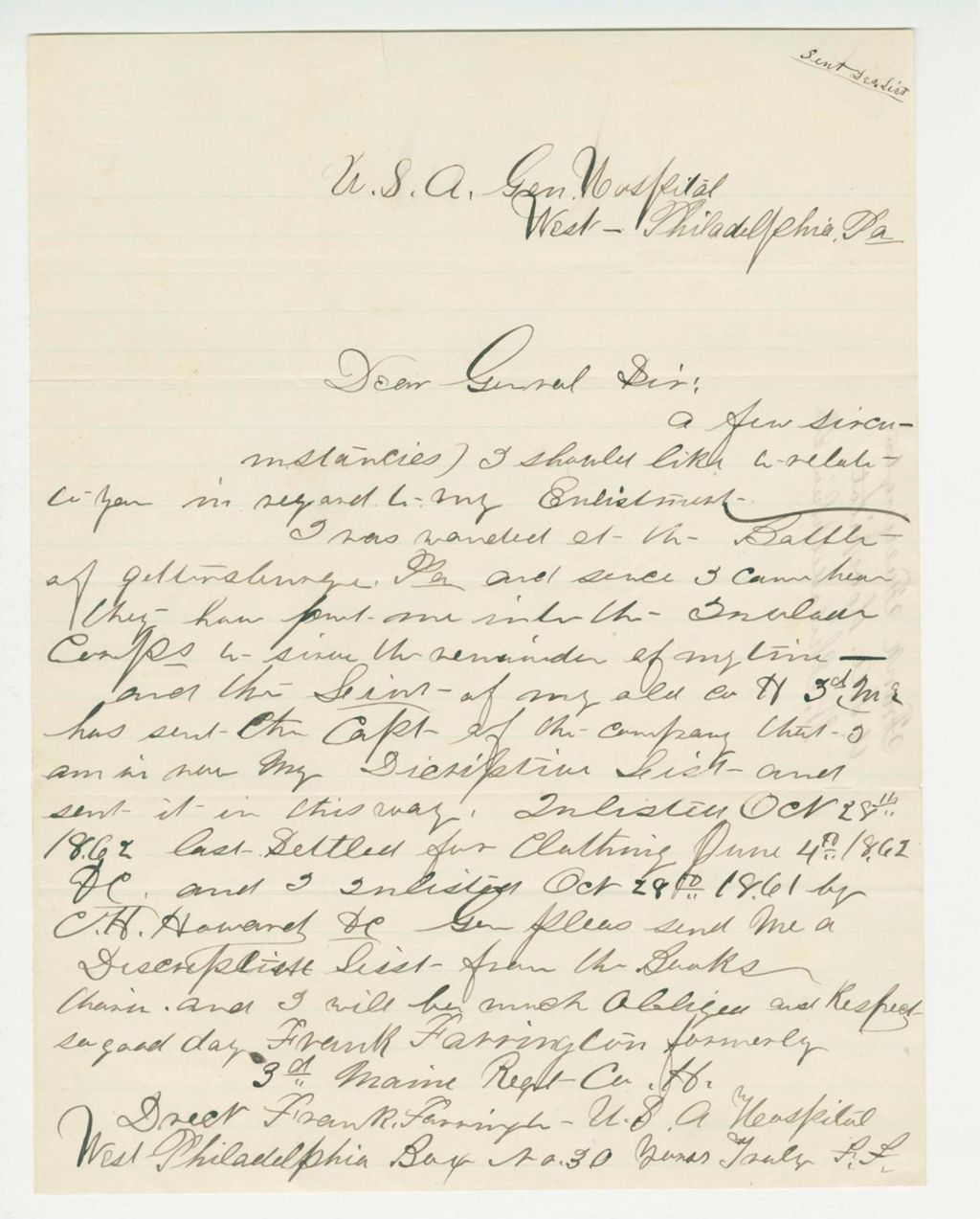 Miniature of Frank Farrington, wounded at Gettysburg, requests his descriptive list