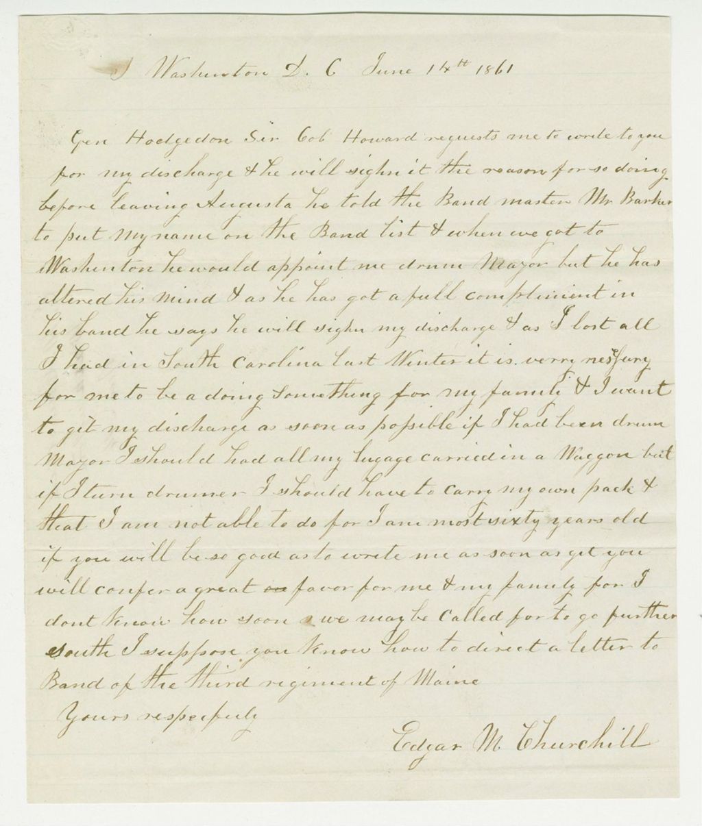 Miniature of Edgar M. Churchill requests his discharge from the band