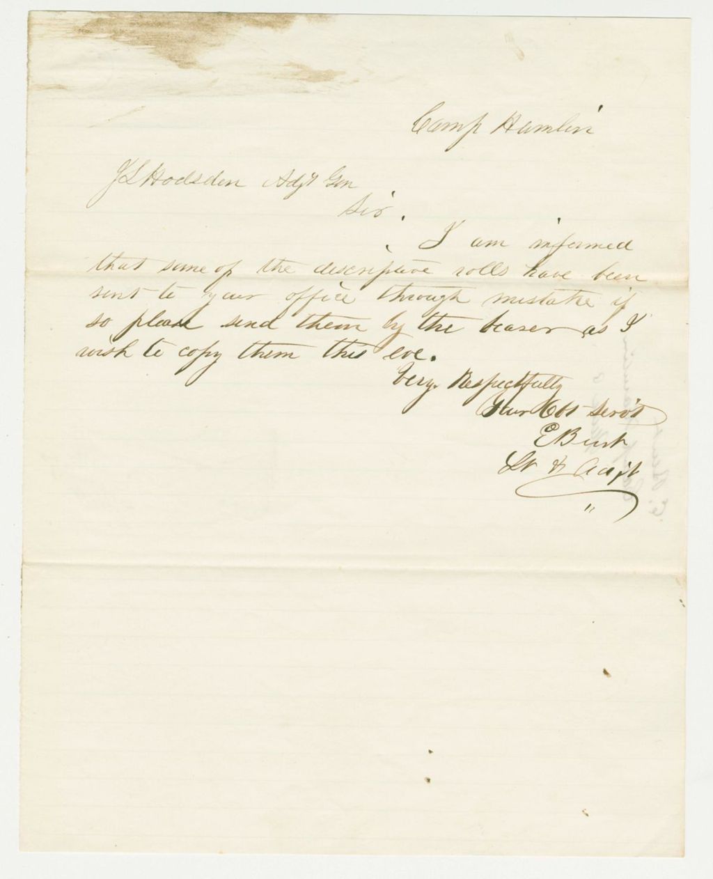 Miniature of Undated - Lieutenant E. Burt requests descriptive rolls be sent to him at Camp Hamlin