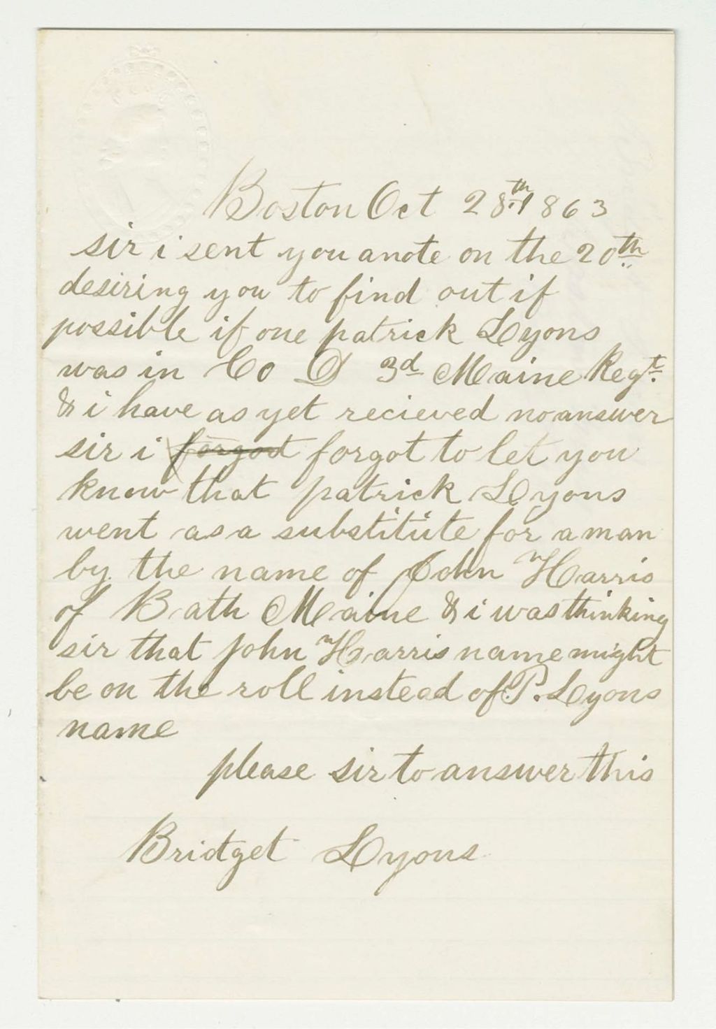 Miniature of Bridget Lyons writes requesting information on her husband Patrick