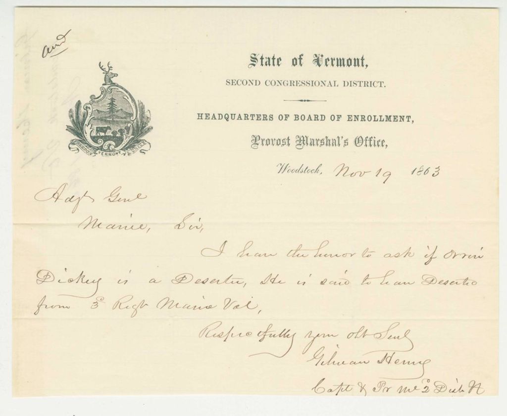 Miniature of Captain Gilman Henry inquires if Orrin Dickey is a deserter