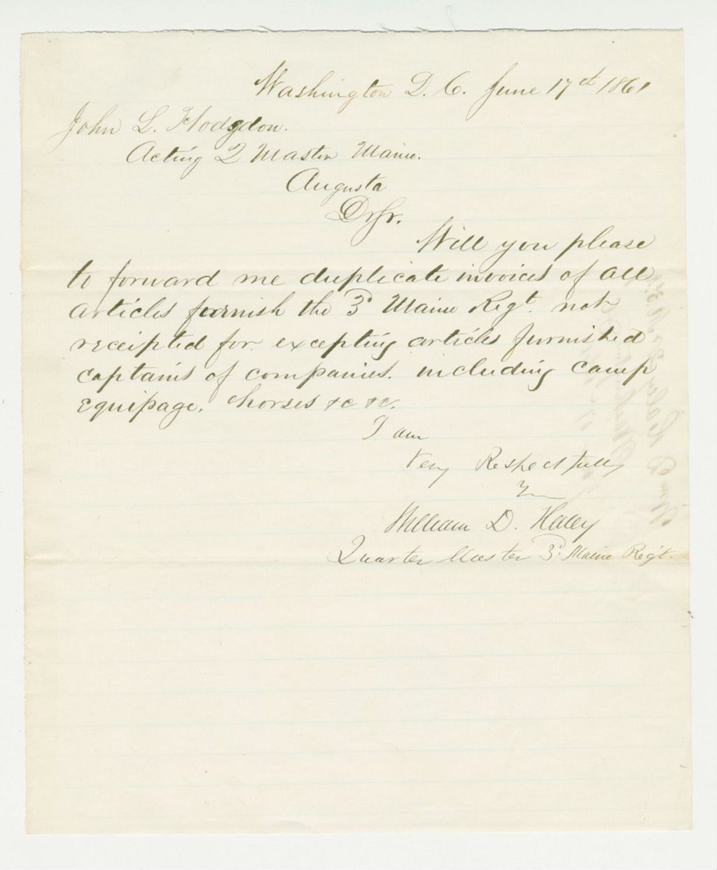 Miniature of Quarter Master William Haley forwards invoices for supplies