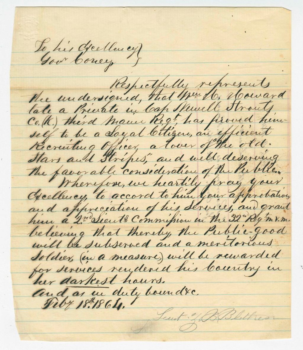 Miniature of Lieutenant Blethen recommends W.H. Howard for commission