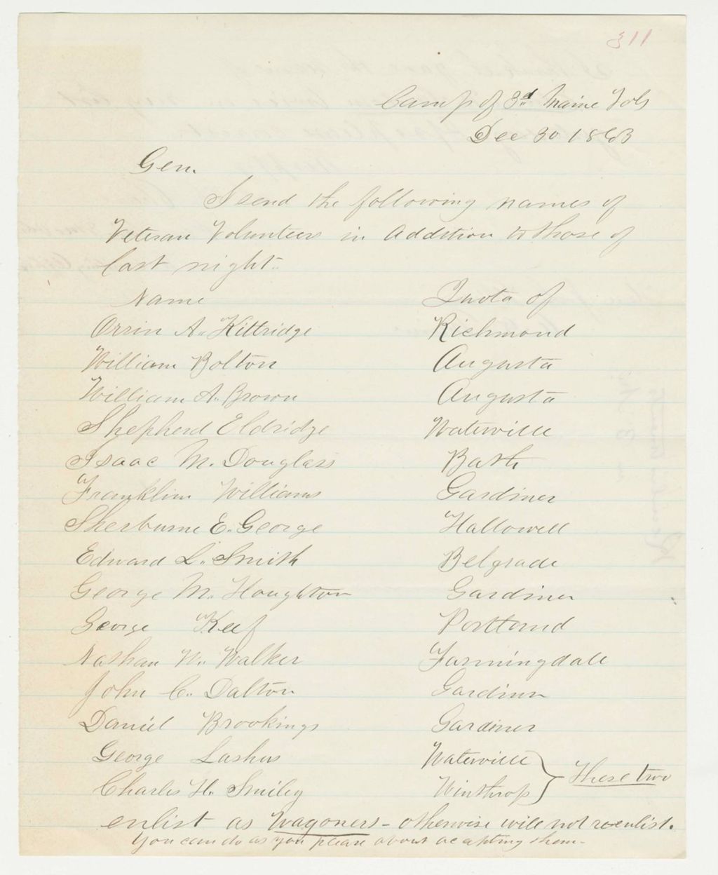 Miniature of Chaplain S.F. Chase forwards names of veteran volunteers