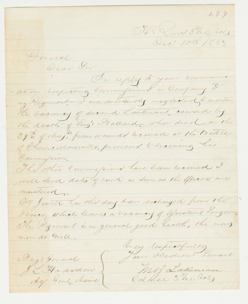 Miniature of Colonel Lakeman reports the death of Lieutenant Ballard from wounds at Chancellorsville