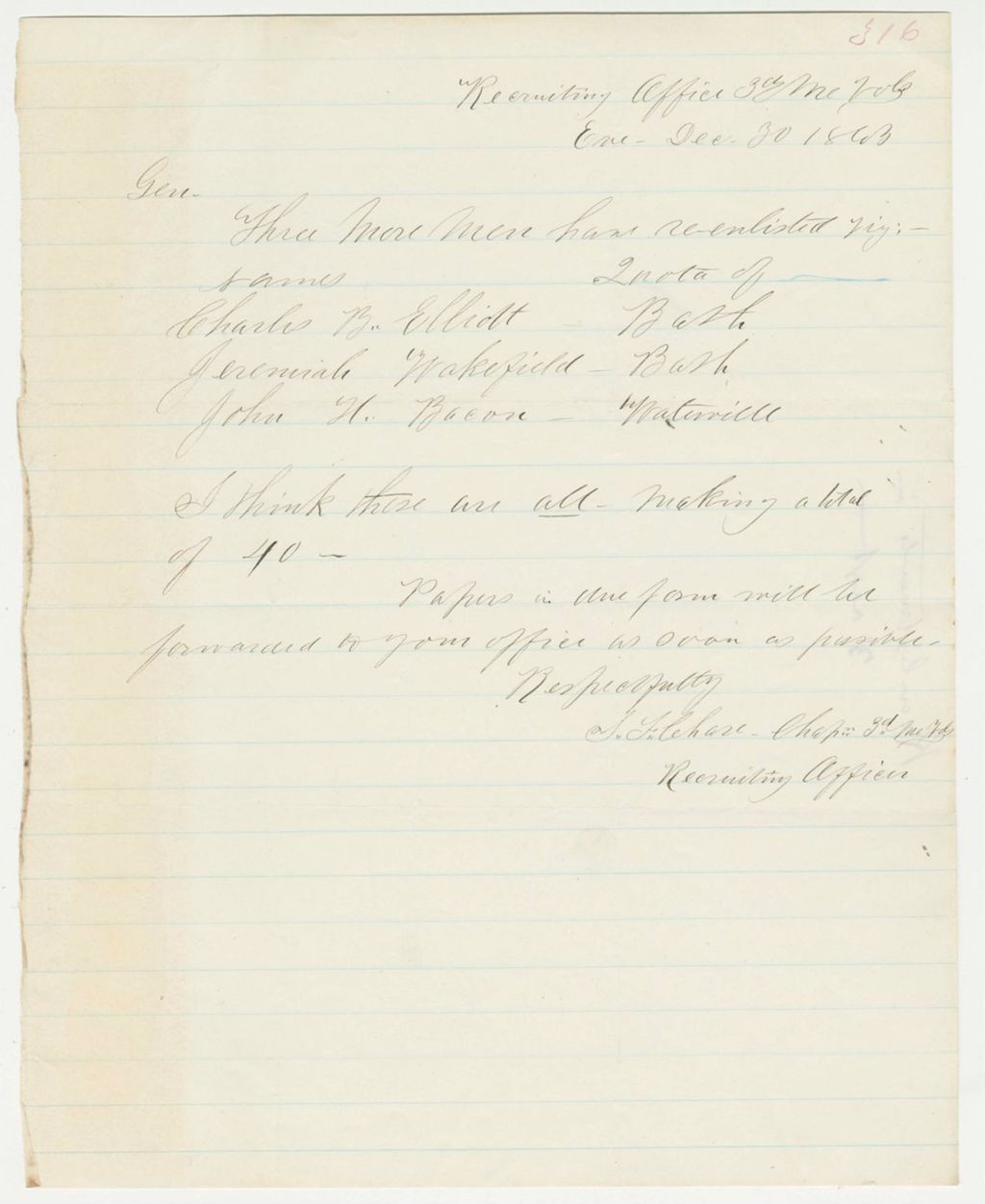 Miniature of S.F. Chase certifies that Elliott, Wakefield, and Bacon have reenlisted