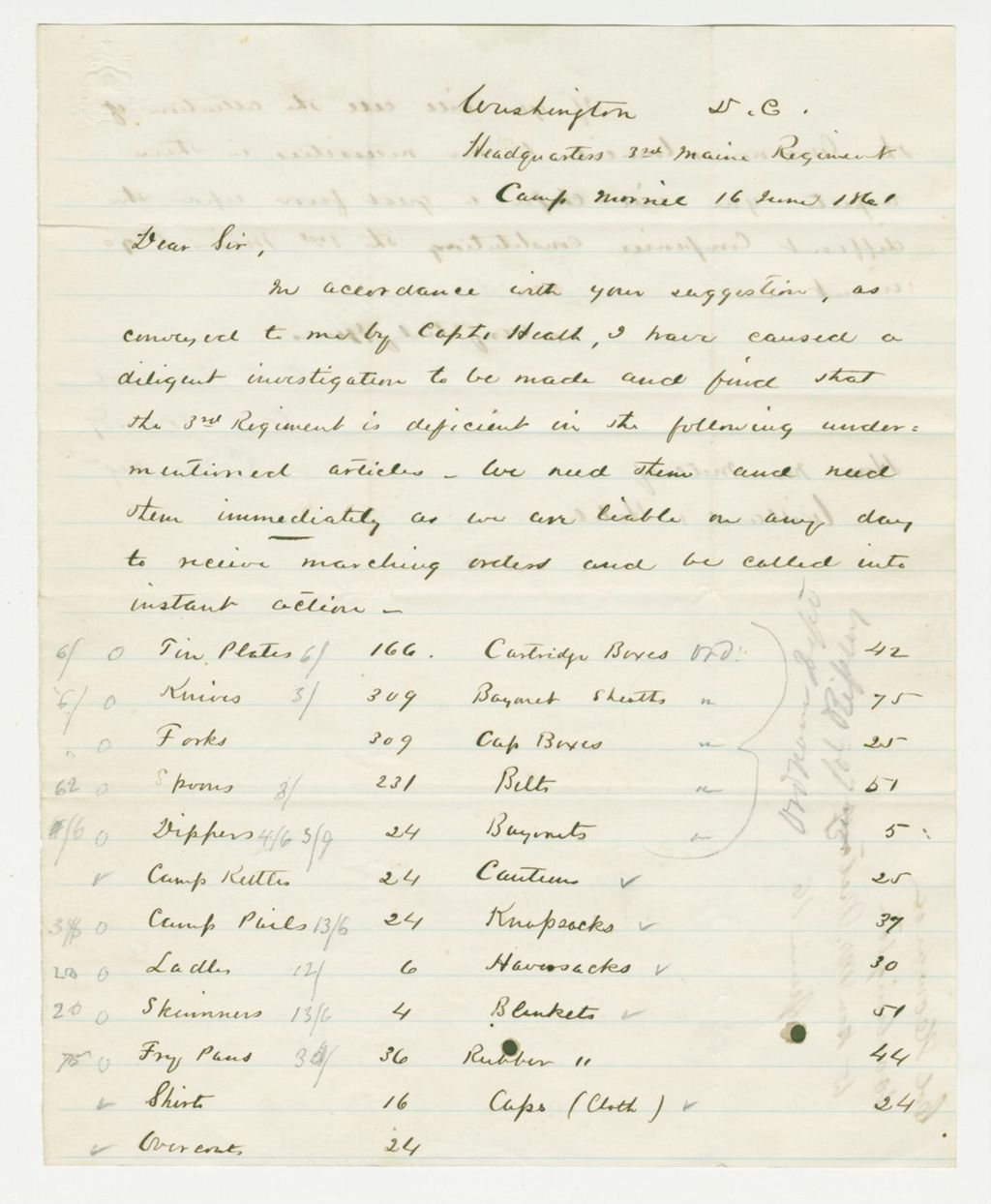 Miniature of Colonel Howard writes the Honorable Mr. Metcalf asking for supplies
