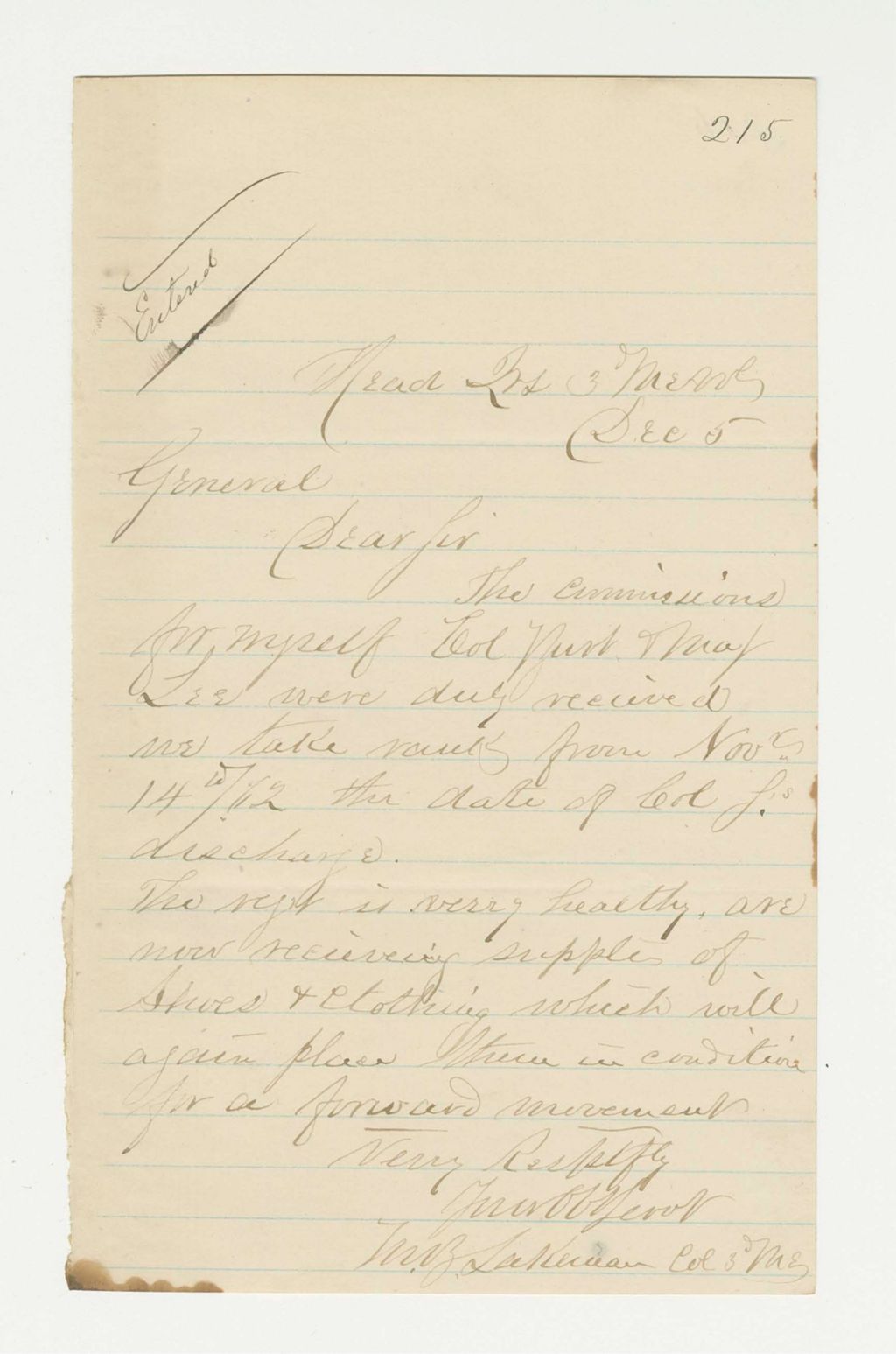 Miniature of Colonel Lakeman reports receipt of commissions and that the regiment is very healthy