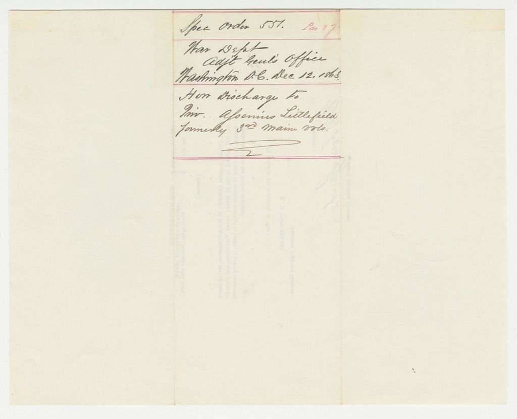 Miniature of Special Order 551 honorably discharging Assenius Littlefield