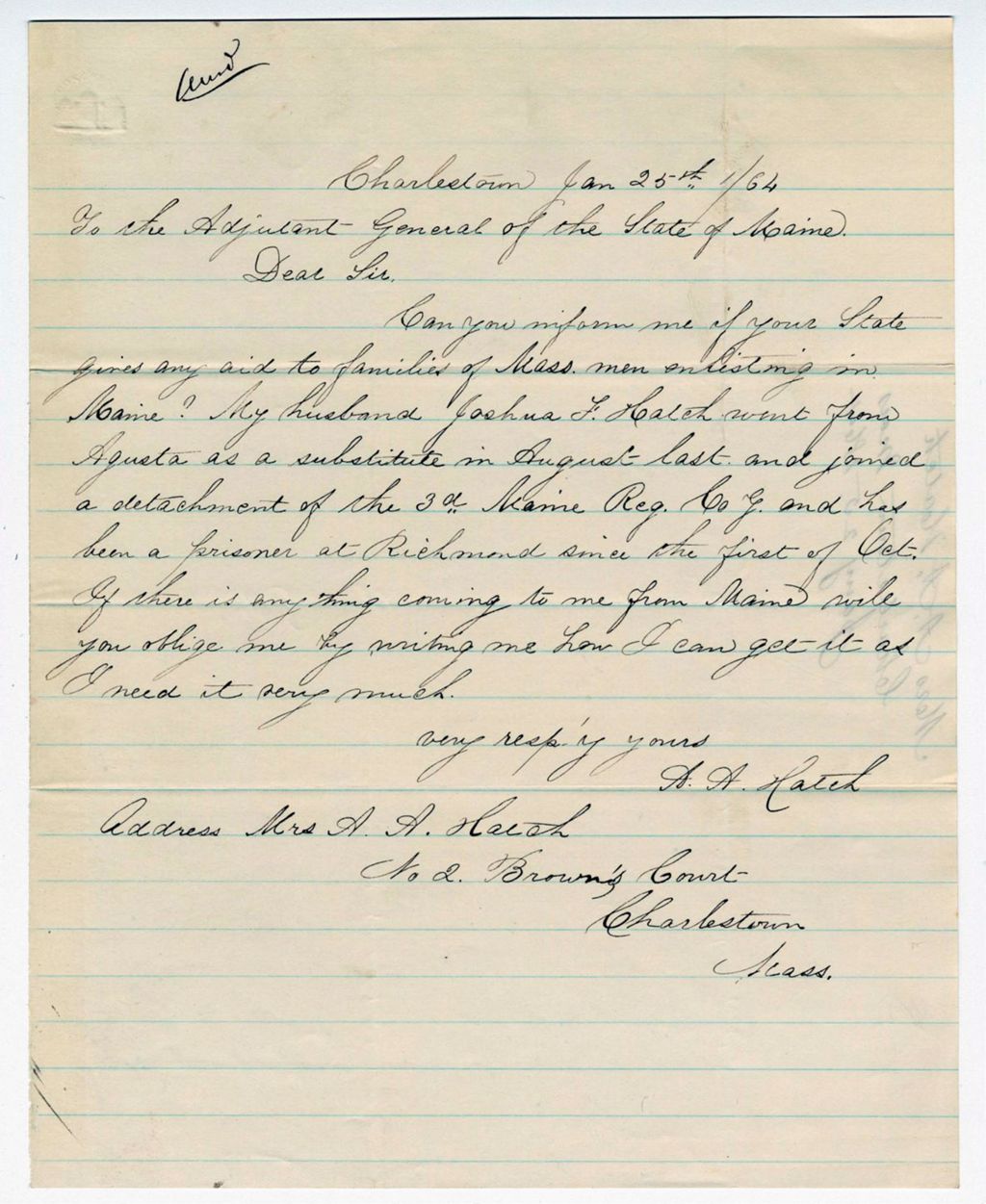 Miniature of Mrs. A.A. Hatch inquires about aid