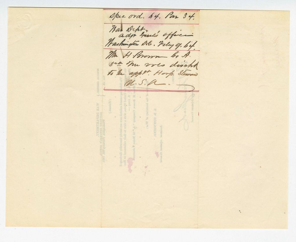 Miniature of Special Order 64 honorably discharging William H. Brown from Company A to become a hospital steward