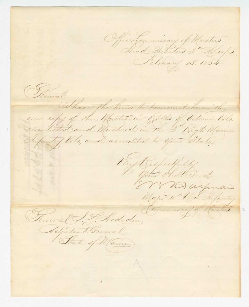 Miniature of Major S.B Dayman of the 10th US Infantry sends veteran volunteer muster roll to General Hodsdon