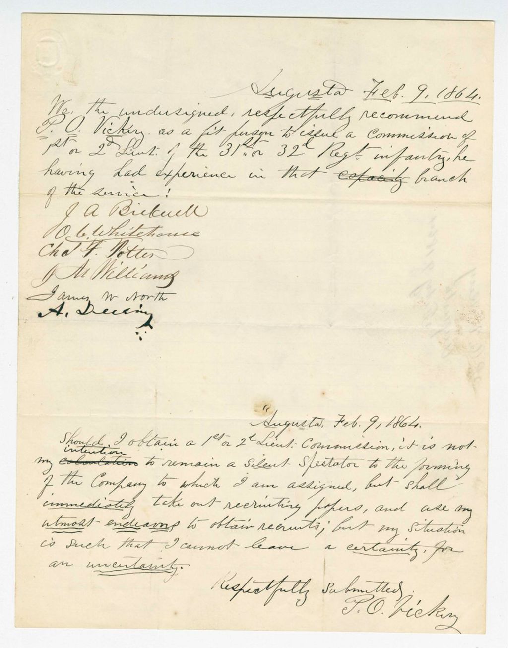 Miniature of J.A. Bicknell and others recommend P.O. Vickery for lieutenant