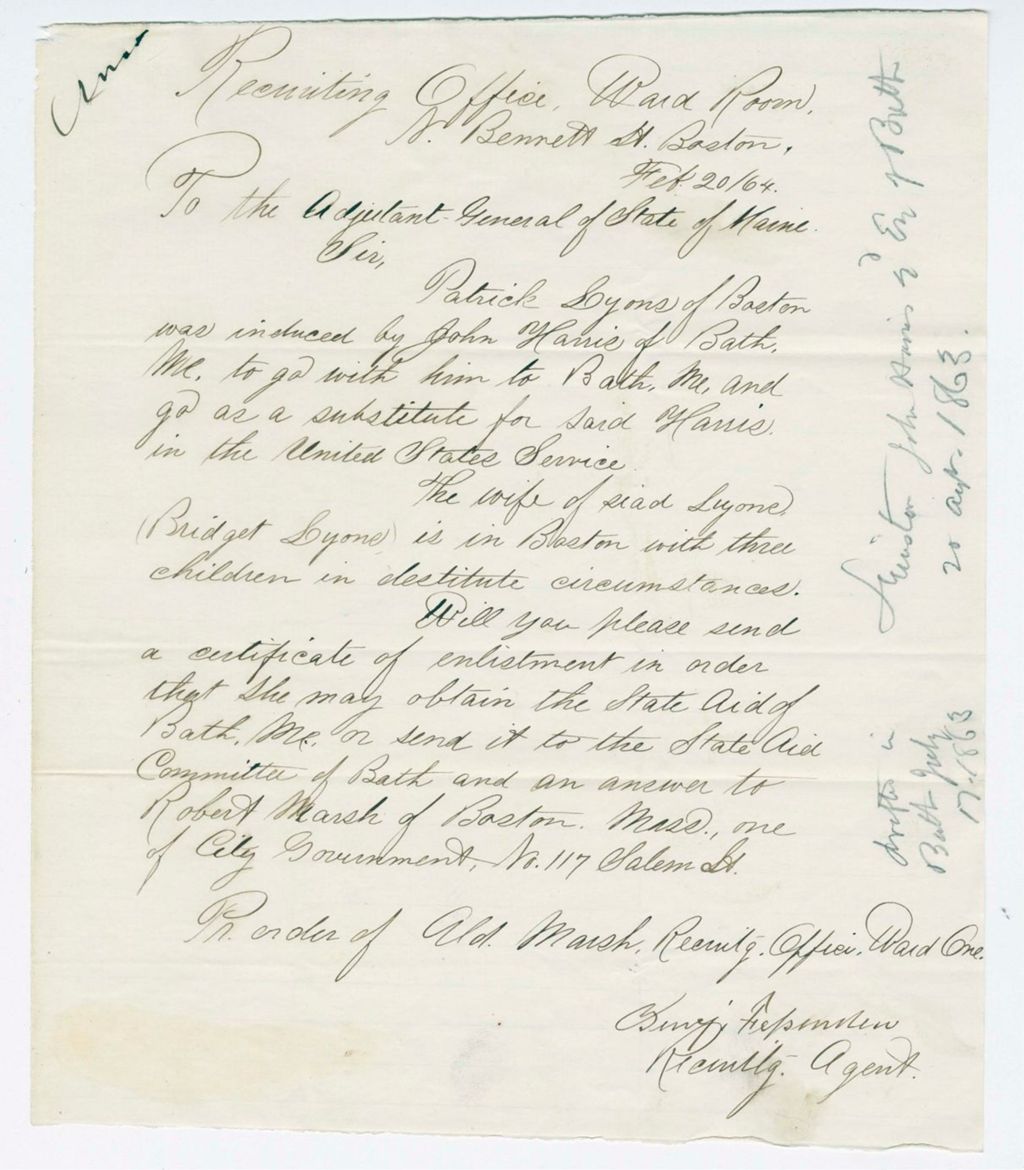Miniature of Benjamin Fessenden requests certificate of enlistment for Patrick Lyons