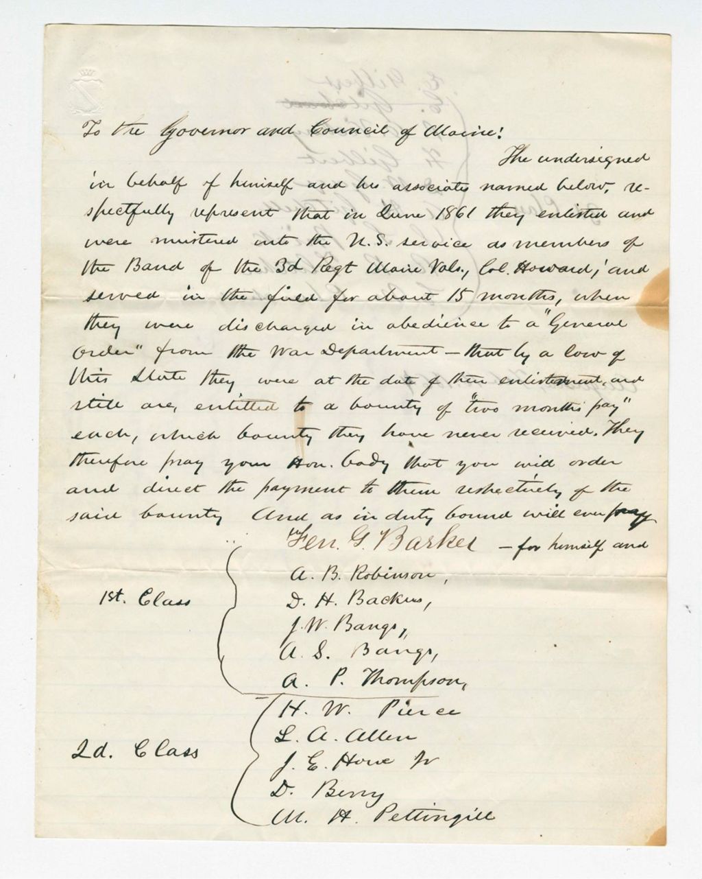 Miniature of Mr. Barker and others request bounty payments