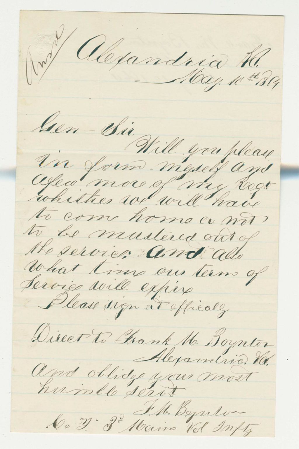 Miniature of Frank M. Boynton inquires about mustering out of service
