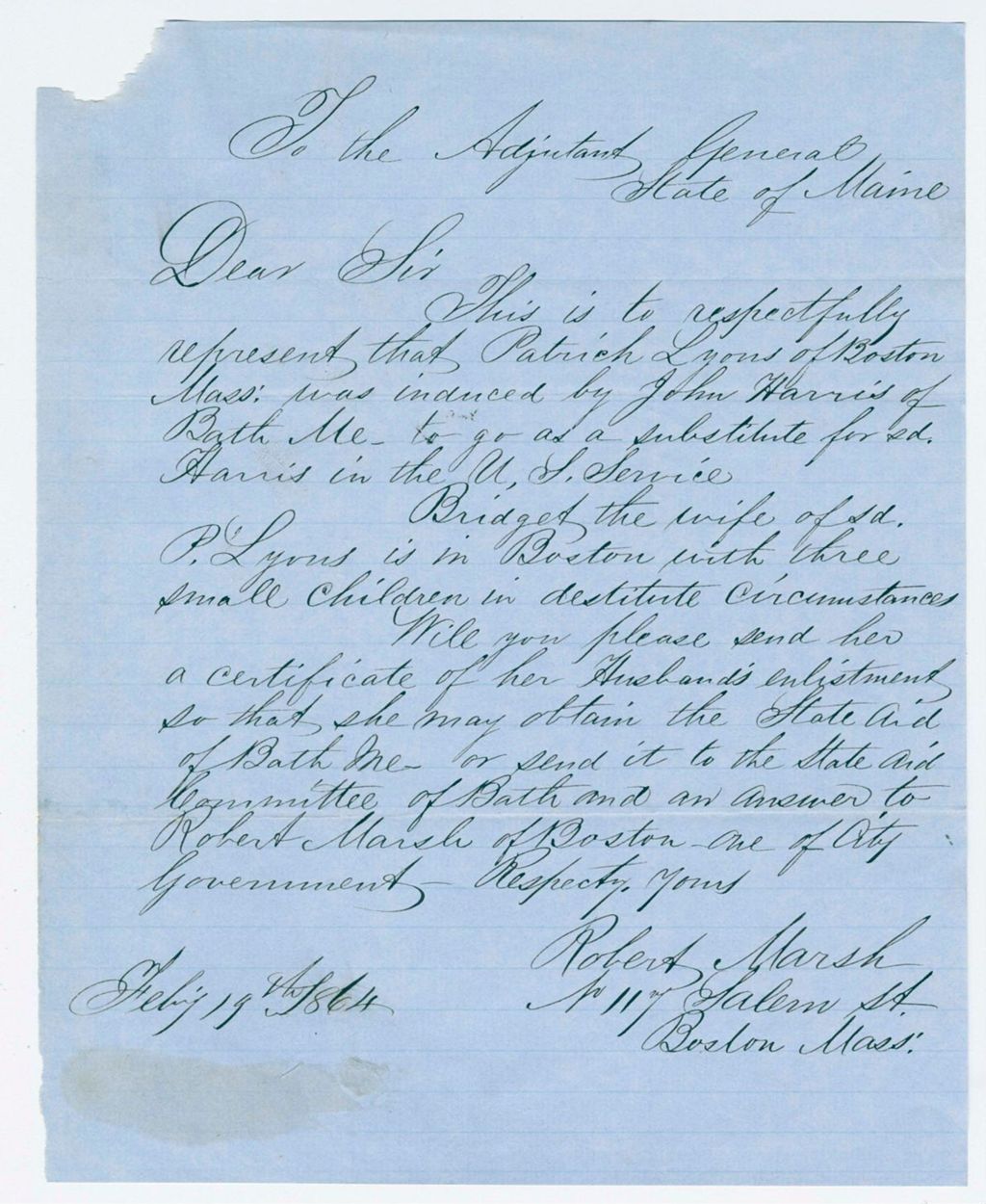 Miniature of Robert Marsh requests aid on behalf of Bridget Lyons