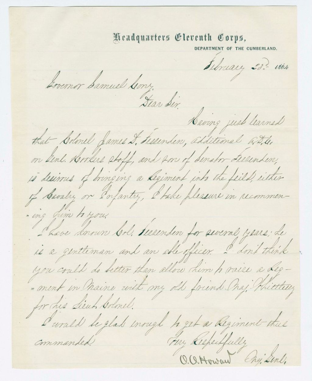 Miniature of Brigadier General Oliver O. Howard recommends Colonel James Fessenden