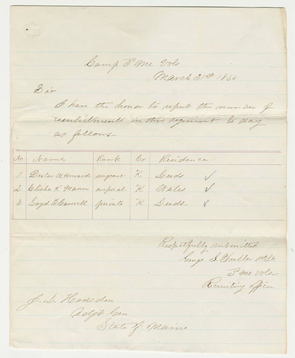 Miniature of Lieutenant George Fuller reports enlistment of Dexter Howard, Elisha Mann, and Lloyd Caswell