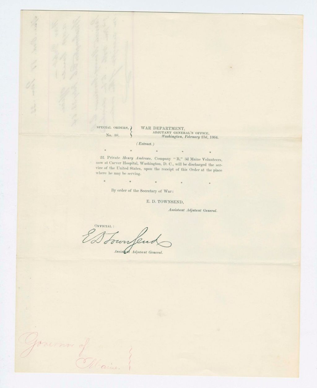 Miniature of Special Order 88 discharging Private Henry Andrews from Company B at Carver Hospital