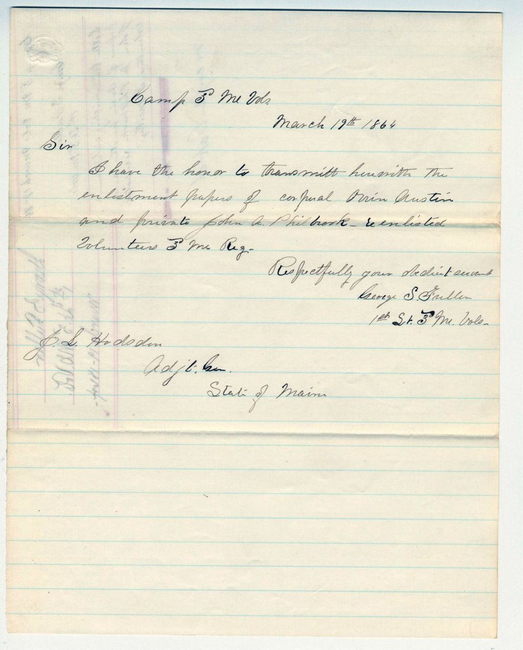 Miniature of Lieutenant George S. Fuller forwards the enlistment papers for Orrin Austin