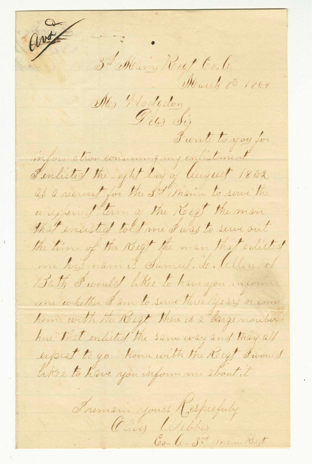 Miniature of Oliver Webber of Company A inquires about the term of his enlistment