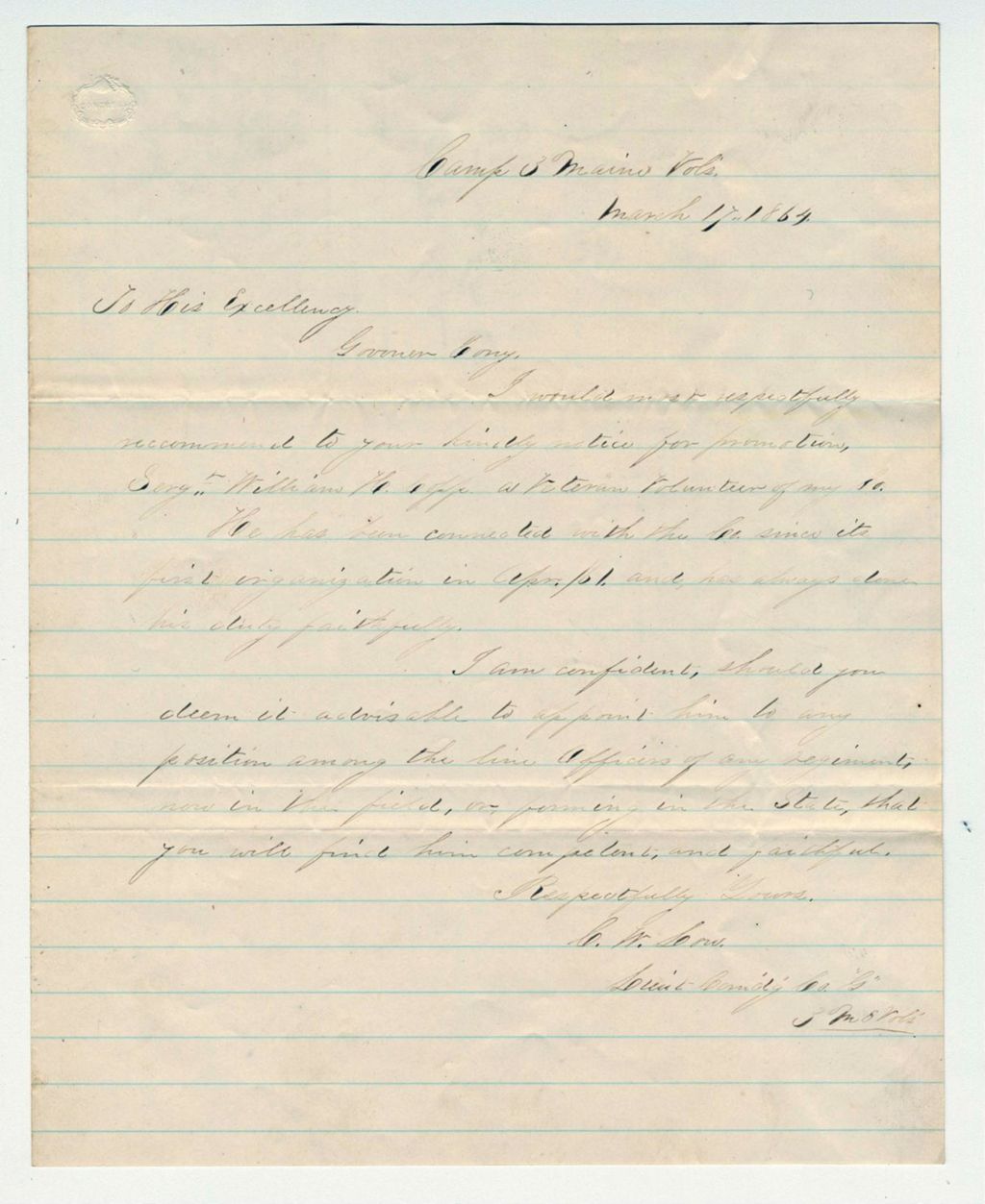 Miniature of Lieutenant C.W. Low recommends Sergeant William Copp for promotion