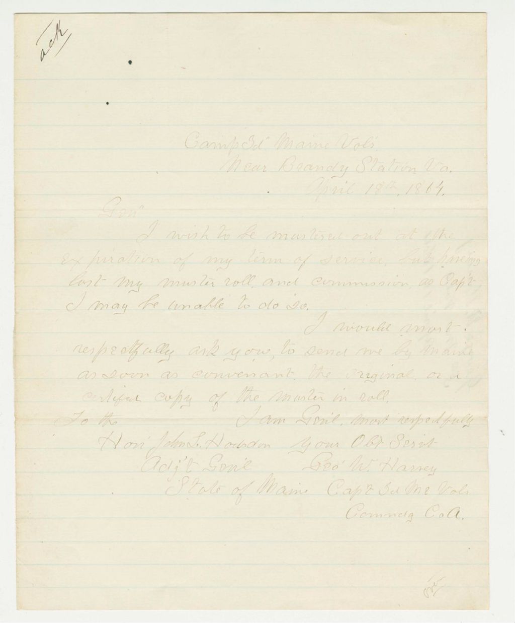 Miniature of Captain George W. Harvey requests to be mustered out