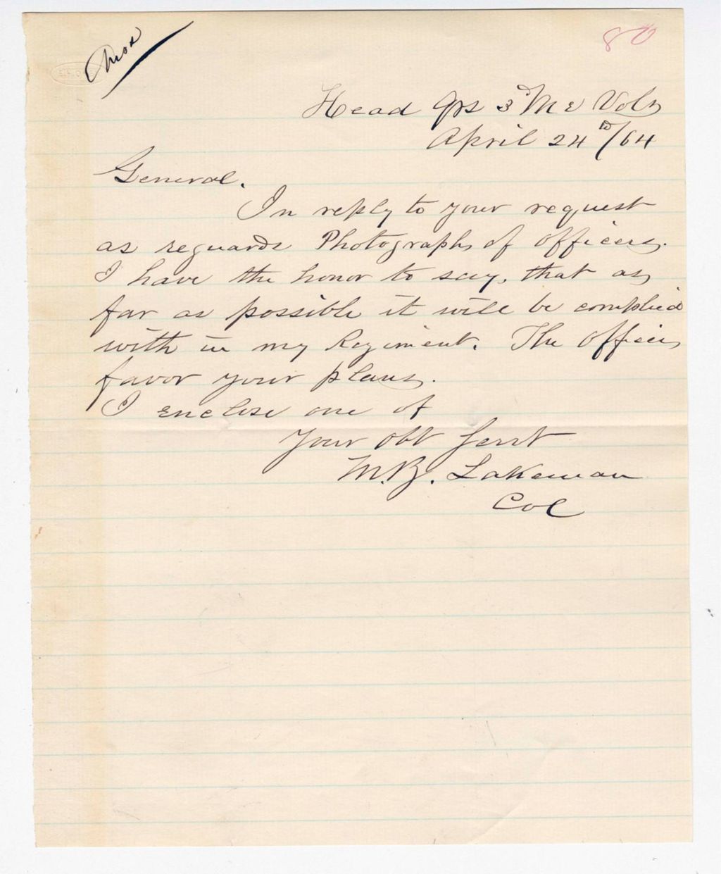 Miniature of Colonel Lakeman informs General Hodsdon that his officers will comply with the request for photographs