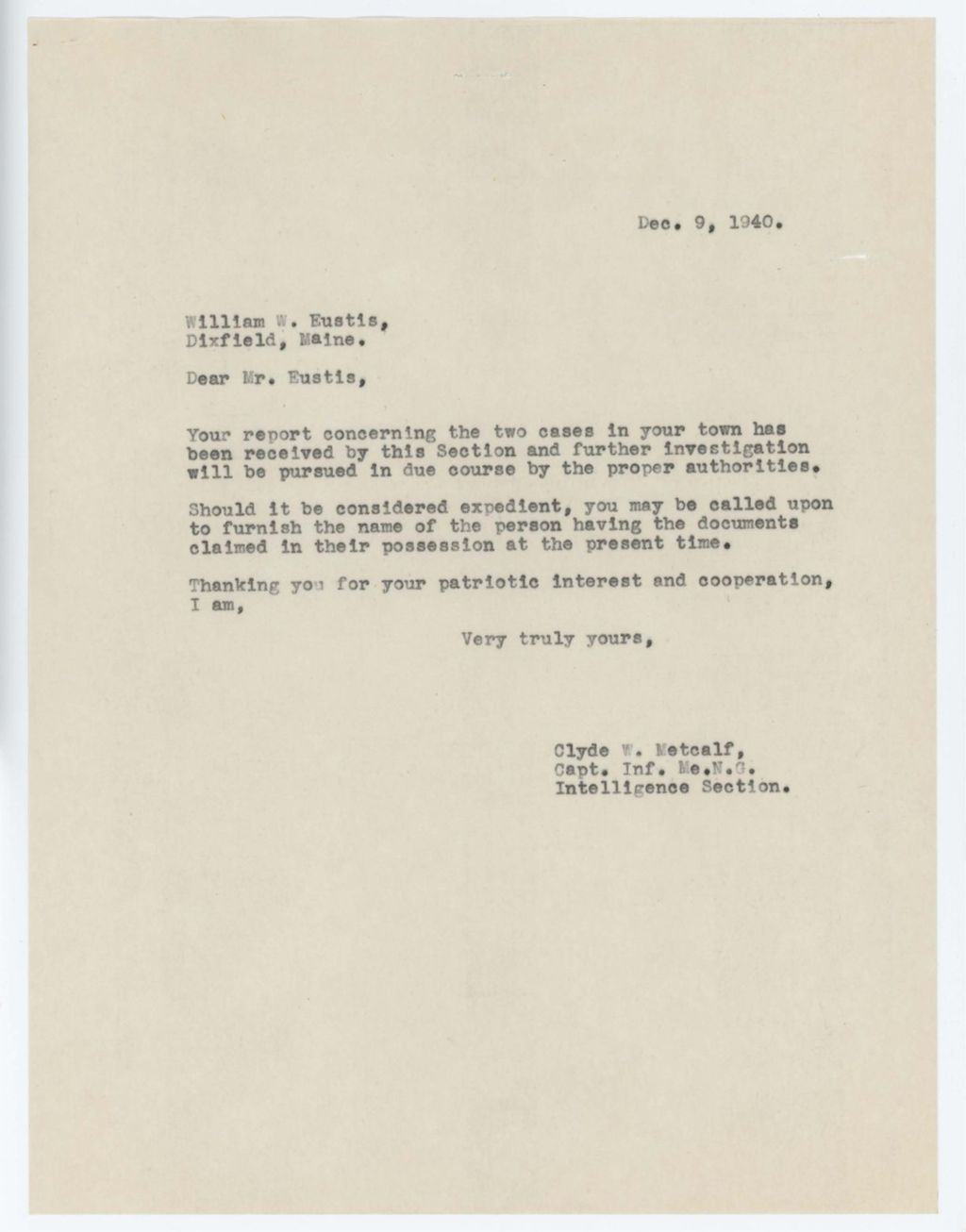 Miniature of Eustis_William_09_December_1940_reply