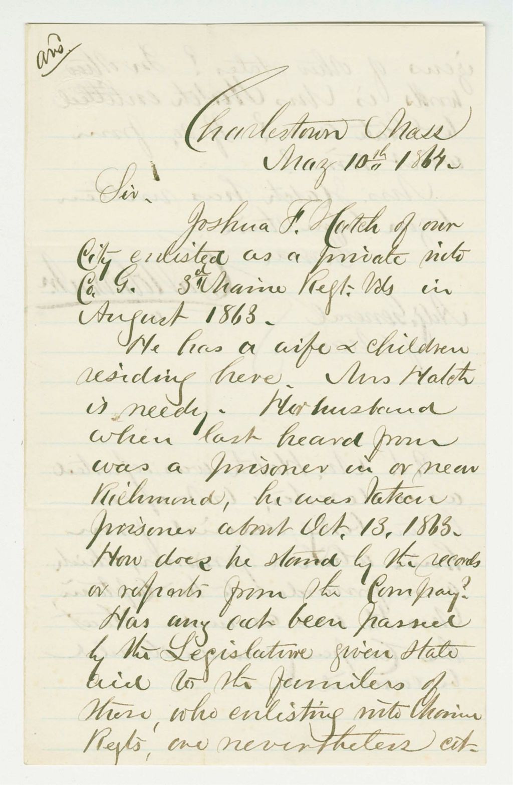 Miniature of Charles Robinson inquires about aid for Mrs. Joshua Hatch