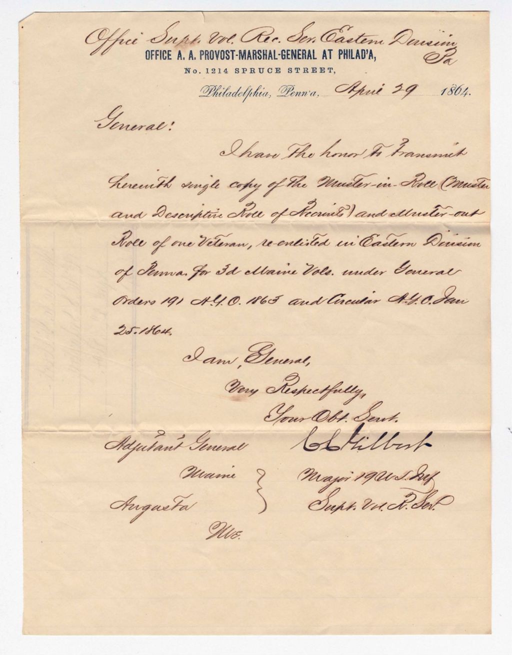 Miniature of Major C.C. Gilbert transmits a copy of the muster rolls for one veteran reenlistment