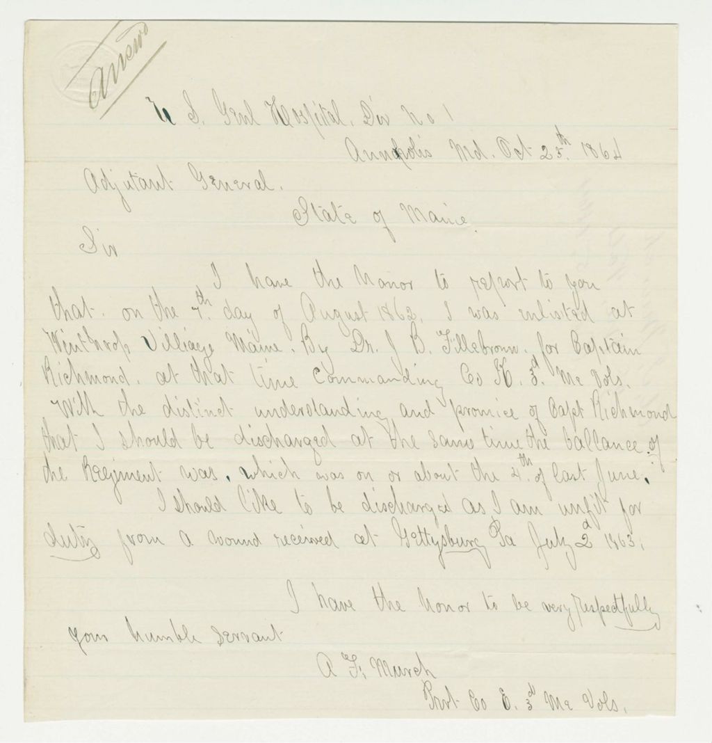 Miniature of A.F. Murch of Company E requests discharge due to wounds received at Gettysburg