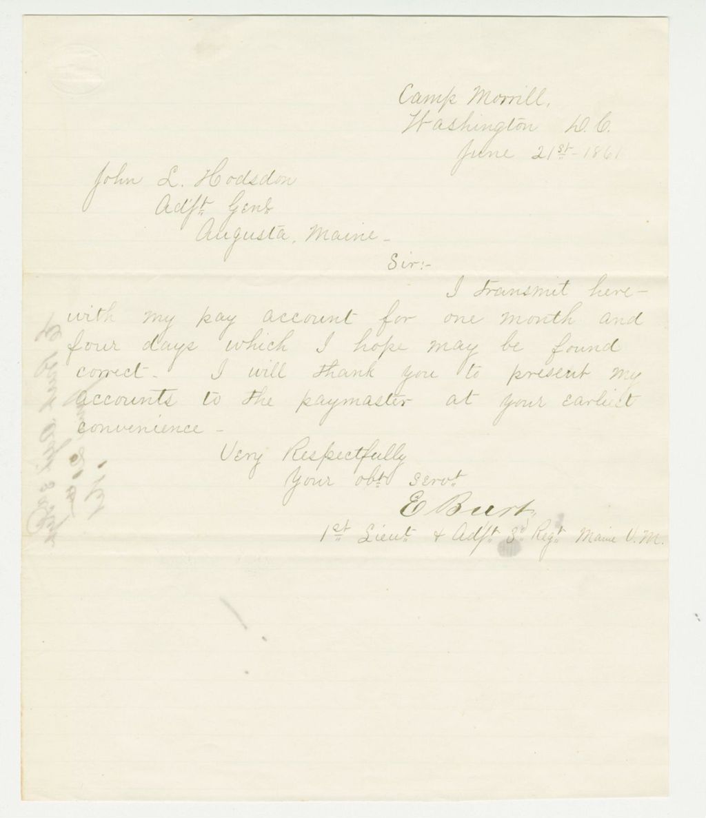 Miniature of Adjutant Edwin Bert forwards his accounts