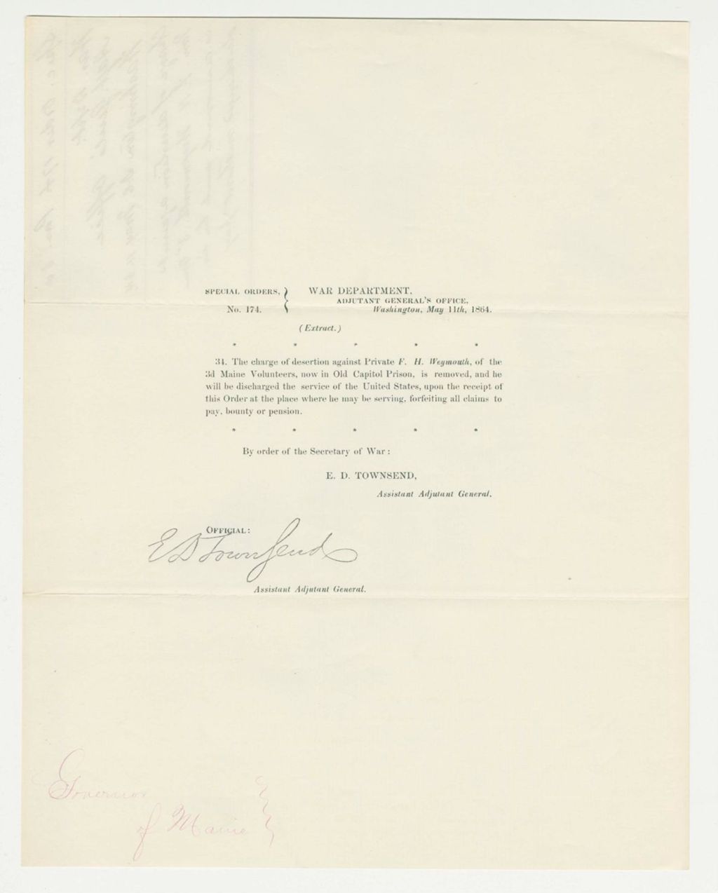 Miniature of Special Order 174 removing the charge of desertion from Private F.H. Weymouth