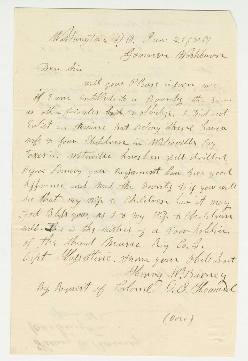 Miniature of Henry W. Barney requests information about his bounty payment