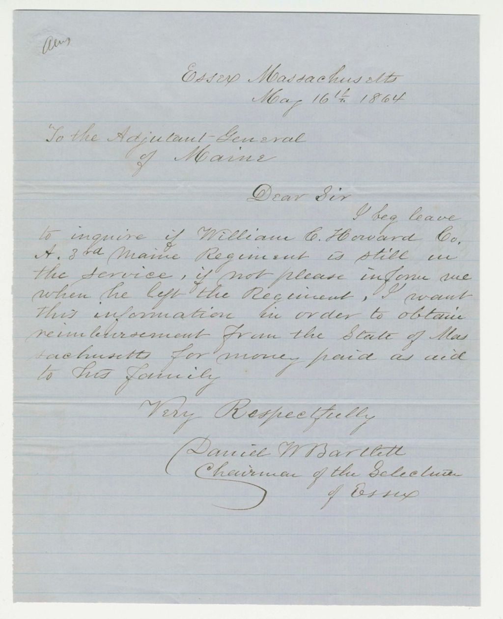 Miniature of Selectman Daniel W. Bartlett of Essex inquires about William C. Howard of Company A