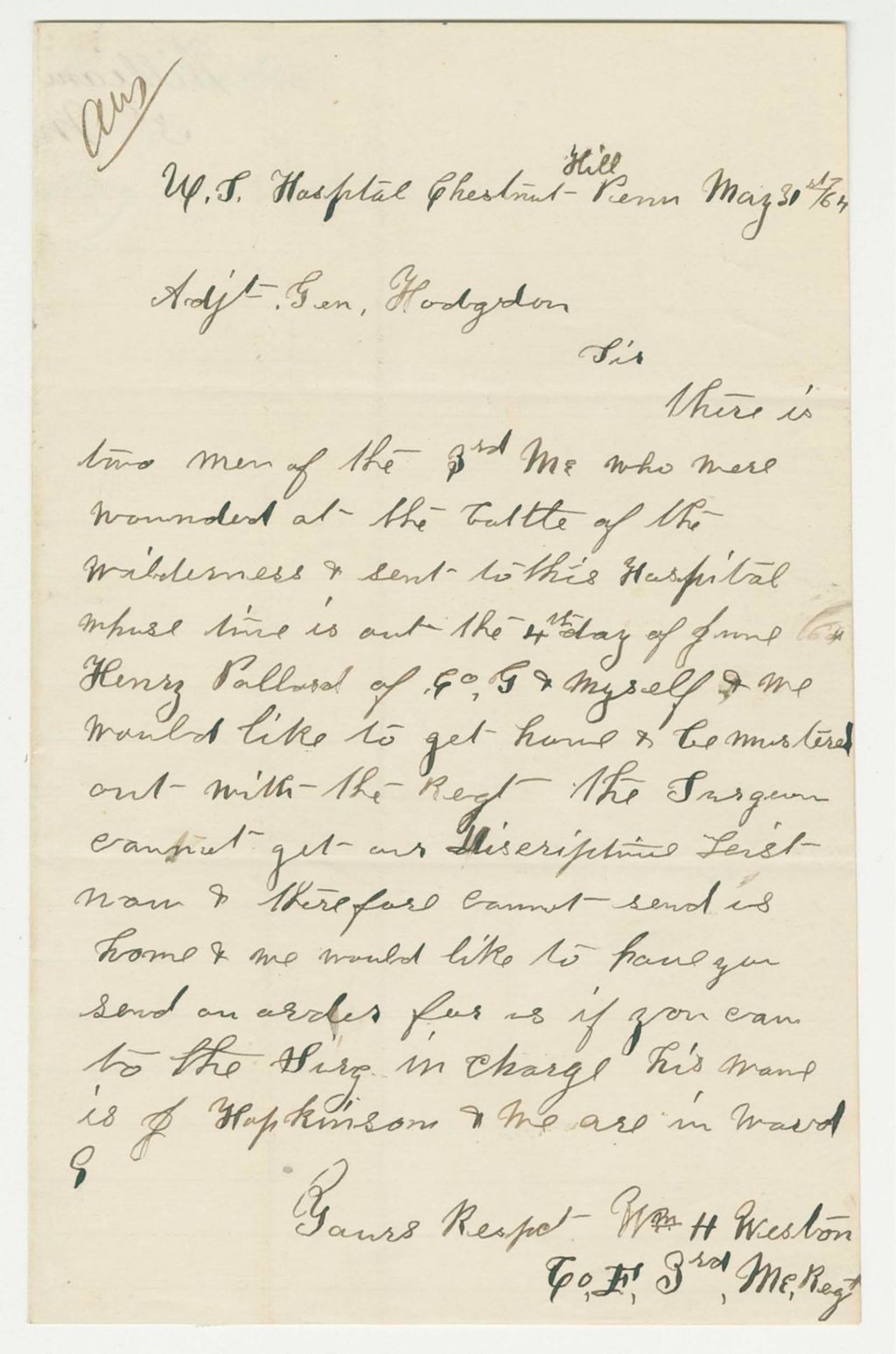 Miniature of William Weston and Henry Pollard of Company F request descriptive lists and discharge