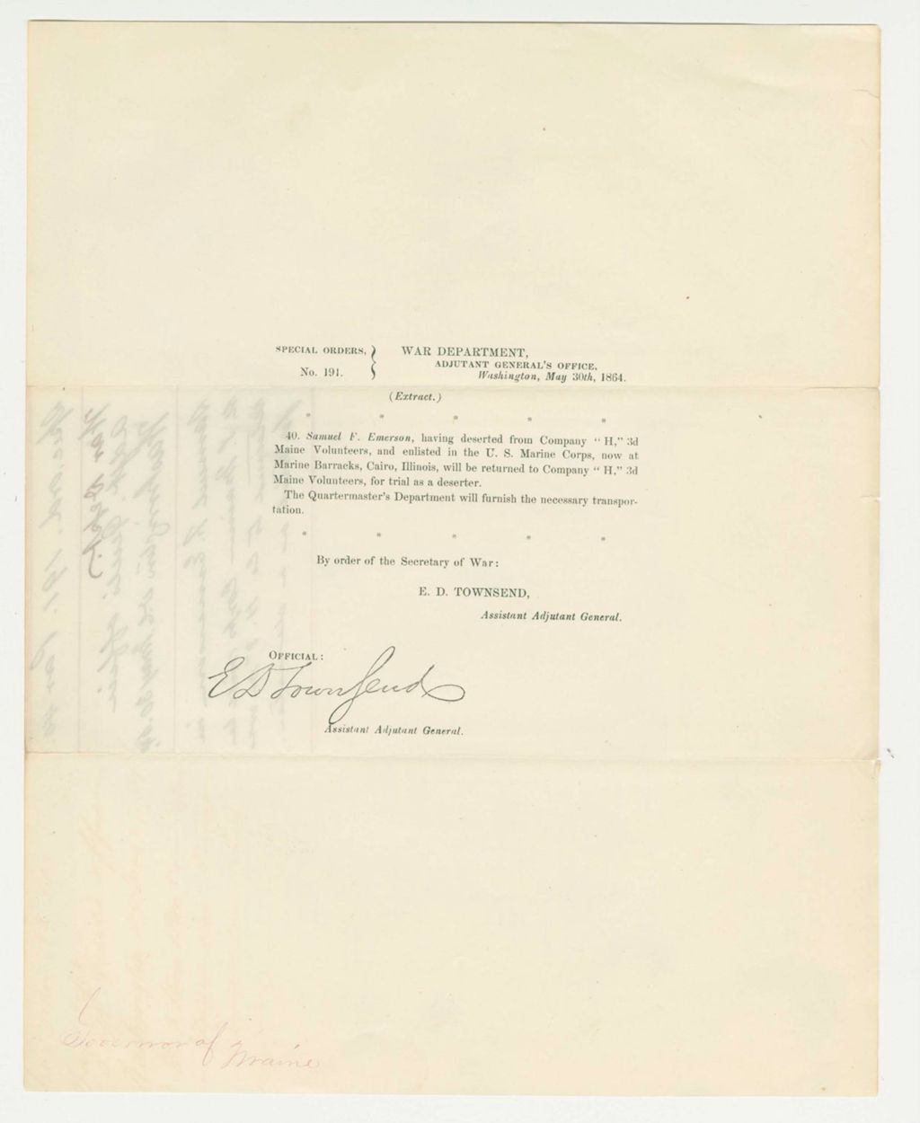 Miniature of Special Order 191 ordering the return of deserter Samuel F. Emerson for trial